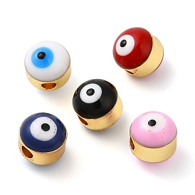 Brass Enamel Beads, Cadmium Free & Lead Free, Long-Lasting Plated, Golden, Rondelle with Evil Eye