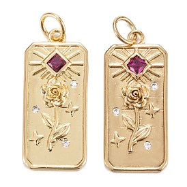 Brass Micro Pave Cubic Zirconia Pendants, Long-Lasting Plated, Rectangle with Rose Flower, Sun & Star