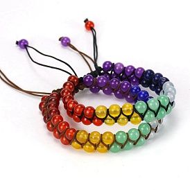 Bracelet de perles tressées rondes en jabe naturel teint coloré, bracelet réglable pour femme