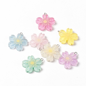 Transparent Resin Pendants, with Platinum Tone Iron Loops and Glitter Powder, Flower Charms