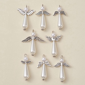 16 pcs 2 style acrylique imitation perle et breloques en alliage, avec boucles en argent antique, charmes d'ange