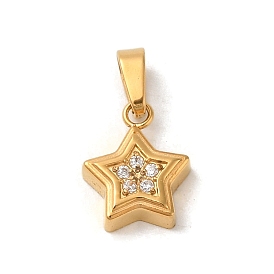 Ion Plating(IP) 304 Stainless Steel Pendants, with Cubic Zirconia, Star Charm, Clear