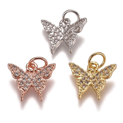 Brass Micro Pave Clear Cubic Zirconia Charms, with Jump Rings, Butterfly