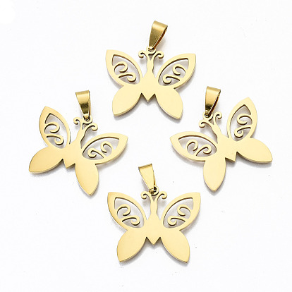 Hollow Out Design Pendants, 201 Stainless Steel Pendants, with Snap on Bails, Laser Cut, Butterfly
