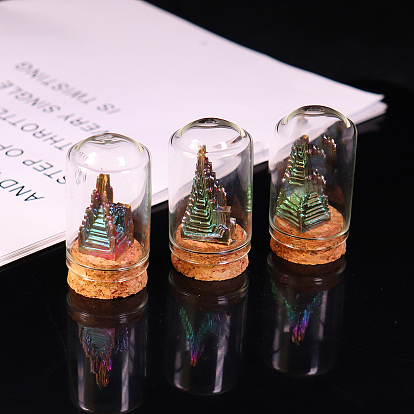 Natural Bismuth Carved Tower Healing Figurines with Glass Bottle, Reiki Stones Statues for Energy Balancing Meditation Therapy