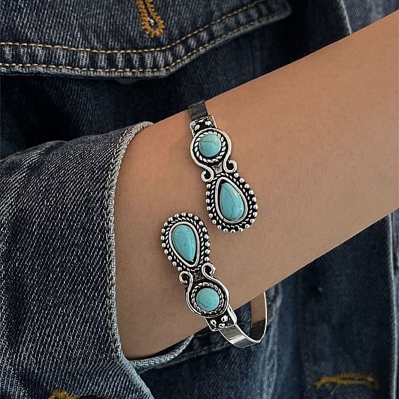 Женские браслеты-манжеты из цинкового сплава с синтетической бирюзой, овал и слеза