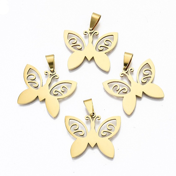 Hollow Out Design Pendants, 201 Stainless Steel Pendants, with Snap on Bails, Laser Cut, Butterfly