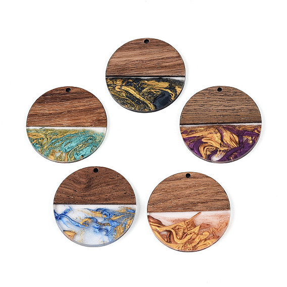 Подвески из непрозрачной смолы и ореха, плоские круглые прелести, с блеском порошок