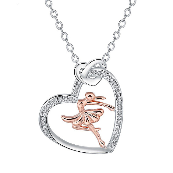 Ожерелья с подвесками из латуни с прозрачным кубическим цирконием и микропаве, сердце с балериной