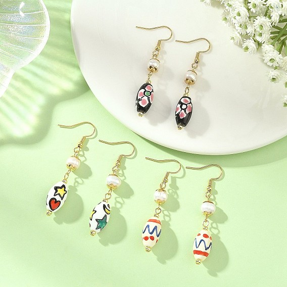 Printed Handmade Porcelain & Natural Freshwater Pearl Dangle Earrings, Barrel, Golden