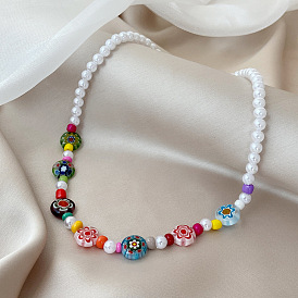 Colorful Daisy Petals Glass Beads Necklace Women Pearl Choker Clavicle Chain