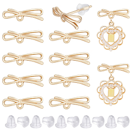10шт. латунные серьги-гвоздики с бантом, с горизонтальными петлями, с 30 пластиковыми ушными гайками