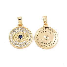 Brass Micro Pave Cubic Zirconia Pendants, Flat Round with Eye, Clear