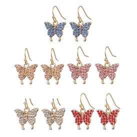 Alloy Rhinestone Dangle Earrings, with Brass Earring Hooks, Butterfly, Golden