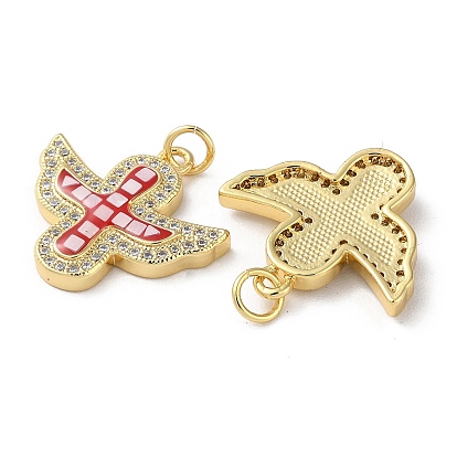 Brass Micro Pave Clear Cubic Zirconia Pendants, with Enamel, Shell and Jump Ring, Real 18K Gold Plated,  Wing with Cross