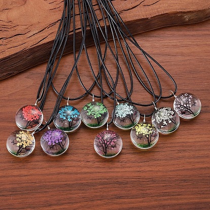 Стеклянный кулон с засушенным цветком внутри, ожерелья из черного вощеного шнура