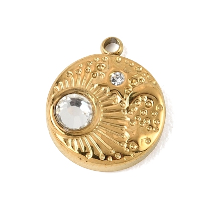 304 Stainless Steel Rhinestone Pendants, Flat Round with Sun/Star/Moon Charms, Ion Plating(IP)
