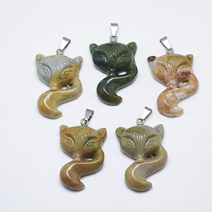Natural Agate Pendants, with Stainless Steel Snap On Bails, Fox