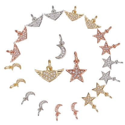 CREATCABIN 18Pcs 3 Style Brass Clear Micro Pave Cubic Zirconia Charms, Star & Moon & Heart with Wing