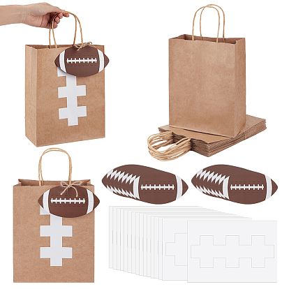 16Pcs Kraft Paper Bags with Handles, Food Storage Tote Bags, Gift Bags, Rectangle, with 16Pcs Paper Self Adhesive Stickers and Paper Rugby Cards