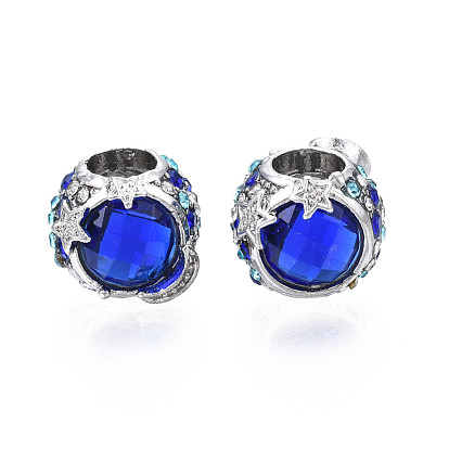 Стойки покрытие сплава европейские шарики, бусины с большим отверстием, с сапфировыми стразами и смолой, без кадмия, без никеля и без свинца, рондель, платина