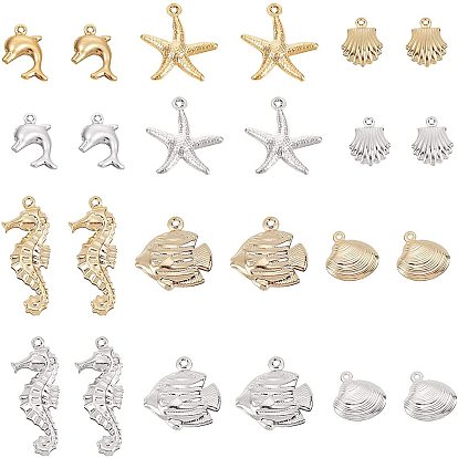 72Pcs 6 Style 2 Colors 304 Stainless Steel Pendants, Marine Animals, Mixed Shapes