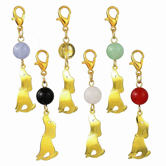 6шт. латунные подвесные украшения в виде щенков, с натуральным черным ониксом, кварцем, белым нефритом, кристаллами кварца и малайзийским нефритом и застежками-карабинами из цинкового сплава
