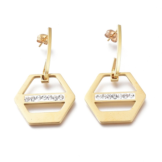 304 Stainless Steel Dangle Stud Earrings, with Polymer Clay Crystal Rhinestone and Ear Nuts, Hexagon