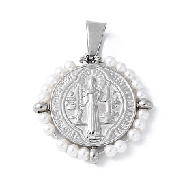 304 подвески из нержавеющей стали, с ABS имитации жемчуга, плоский круглый с шалфеем, цвет нержавеющей стали