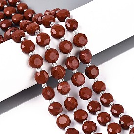 Натуральные красные яшмы бусы пряди, плоско-круглые, граненые, с бисером