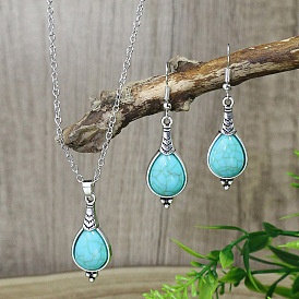 Ethnic Style Earrings and Necklace Set with Vintage Turquoise for Women