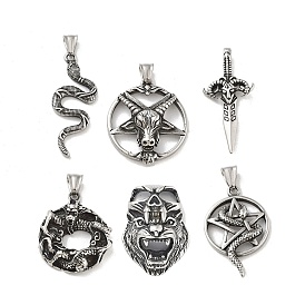 304 Stainless Steel Pendants, Antique Silver, Snake/Lion/Flat Round with Star & Cattle Charm
