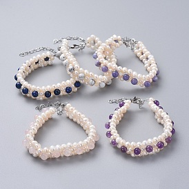 Gemstone Beads Bracelets, with Natural Pearl Beads, 304 Stainless Steel Lobster Claw Clasps and Kraft Paper Cardboard Jewelry Boxes