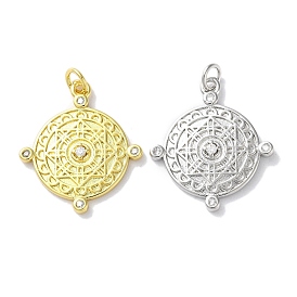 Rack Plating Brass Micro Pave Cubic Zirconia Pendants, Long-Lasting Plated, Lead Free & Cadmium Free, Dainty Compass Coin
