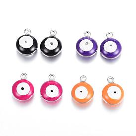 304 Stainless Steel Enamel Charms, Flat Round with Evil Eye, Stainless Steel Color