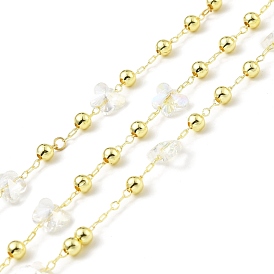 Handmade Brass Cable Chains, with Clear Glass Butterfly Beaded, Long-Lasting Plated, Soldered, with Spool