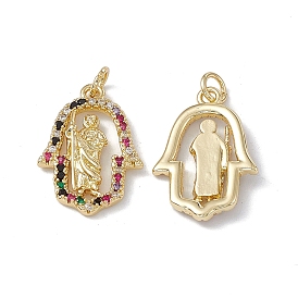 Brass Colorful Cubic Zirconia Pendants, with Jump Ring, Hamsa Hand/Hand of Miriam with Evil Eye with Jesus Charms