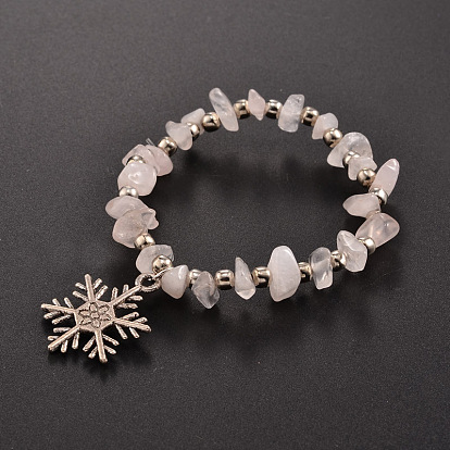 Natural Gemstone Beaded Stretch Kids Charm Bracelets, with Iron Beads and Tibetan Style Snowflake Pendants, 45mm