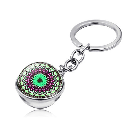 Mandala Flower Keychain, Double Side Cabochon Glass Ball Keychain, for Men Women Gift