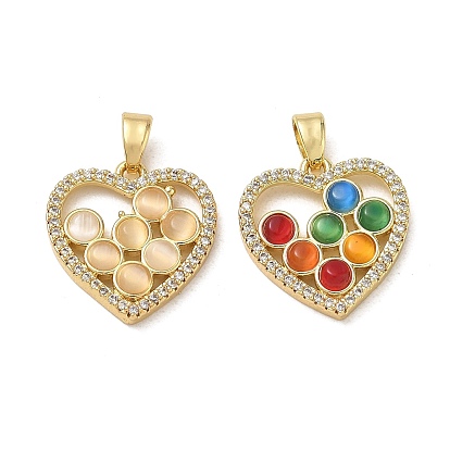 Colgantes de latón con microengaste de circonitas cúbicas transparentes y diseño de ojo de gato., encantos del corazón, sin plomo y cadmio, dorado