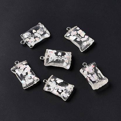 Transparent Resin Pendants, with Platinum Plated Iron Loops, Candy Charm with Heart/Rectangle/Star Pattern