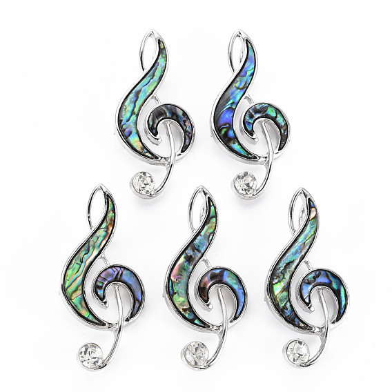 Musical Note Natural Abalone Shell/Paua Shell Brooch Pin, Alloy Lapel Pin for Girl Women, Lead Free & Cadmium Free, Platinum