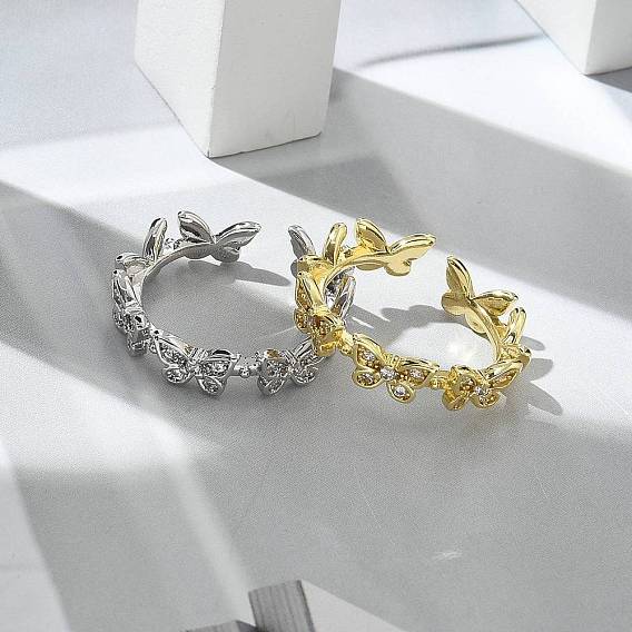 Кольца-манжеты с бабочкой из прозрачного кубического циркония, украшения из латуни для женщин, долговечный, стойки покрытие, без свинца и без кадмия