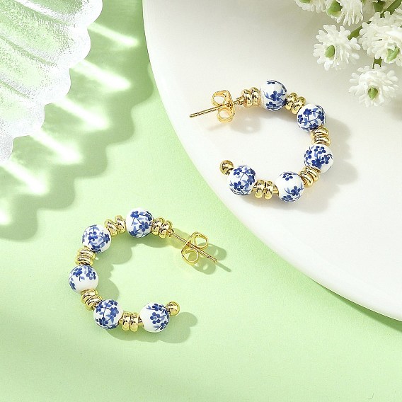 Brass Stud Earrings for Women, Handmade Porcelain Beads Stud Earrings, Half Hoop Earrings
