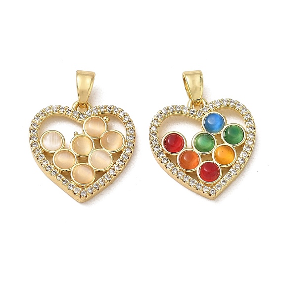 Brass Micro Pave Clear Cubic Zirconia & Cat Eye Pendants, Heart Charms, Cadmium Free & Lead Free, Golden