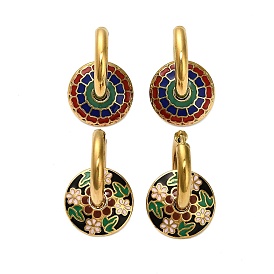 304 обруч серьги из нержавеющей стали эмаль, плоские круглые с цветочным узором