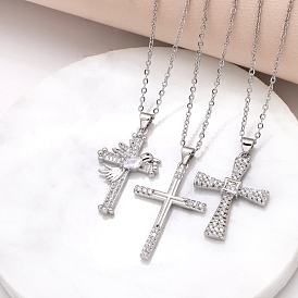 Brass Micro Pave Cubic Zirconia Pendant Necklaces, Cross