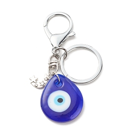 Alloy Keychains, with Tibetan Style Alloy Pendants and Handmade Lampwork Pendants, Teardrop with Evil Eye & Moon with Star