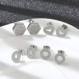 304 Stainless Steel Micro Pave Clear Cubic Zirconia Stud Earrings, Stainless Steel Color