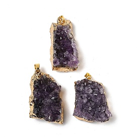 Кулоны из сырого грубого натурального аметиста, подвески-самородки с фурнитурой из нержавеющей стали золотистого оттенка